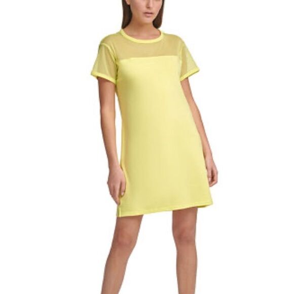 DKNY Sport Yellow Mesh-Blocked T-Shirt Dress Extra Small NWT - Picture 1 of 8